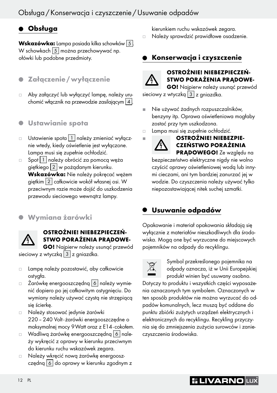 Obsługa, Załączenie / wyłączenie, Ustawianie spota | Wymiana żarówki, Konserwacja i czyszczenie, Usuwanie odpadów | Livarno 7594-010L User Manual | Page 12 / 45