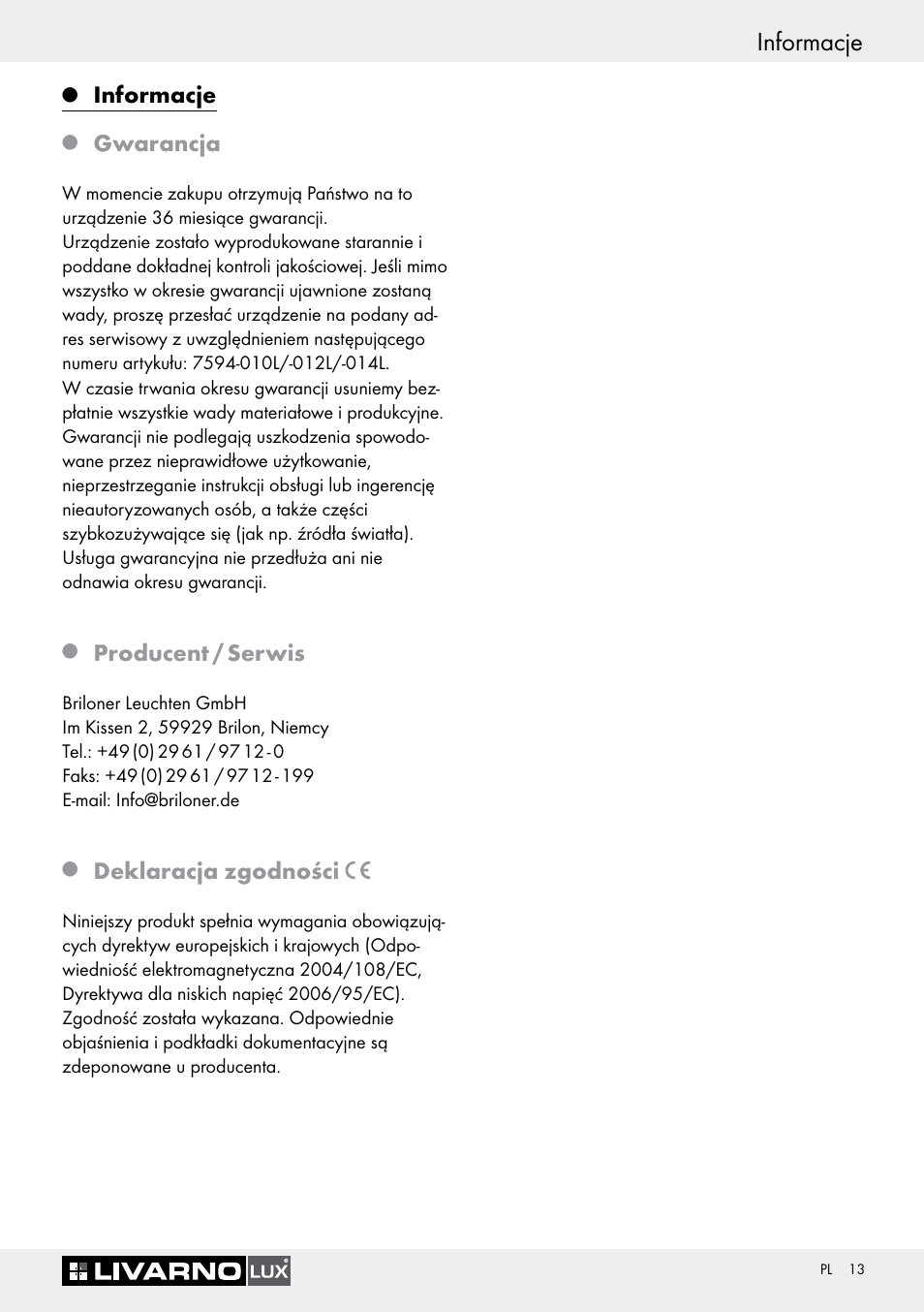 Informacje, Gwarancja, Producent / serwis | Deklaracja zgodności | Livarno 7594-010L User Manual | Page 13 / 45