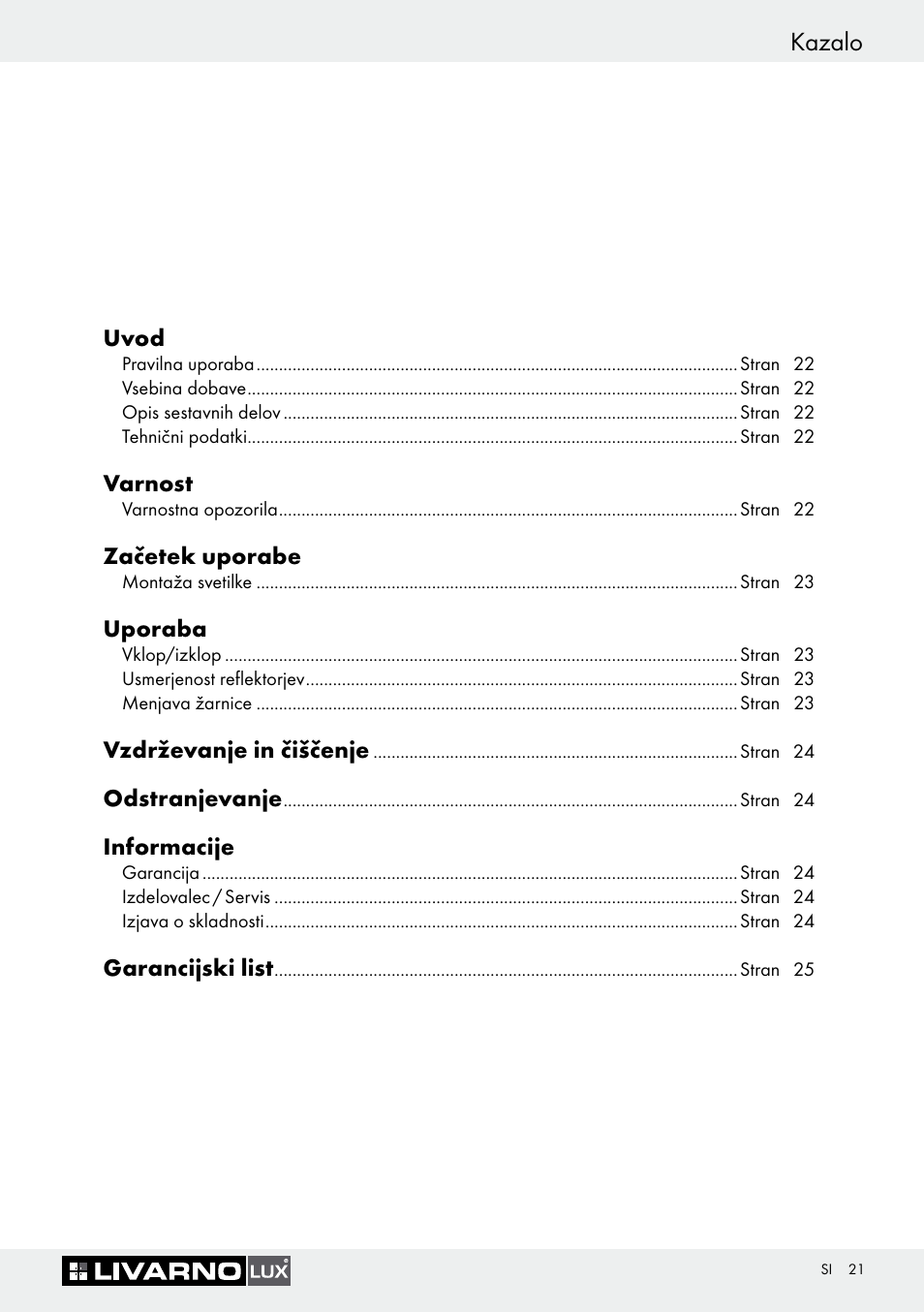 Kazalo | Livarno 7594-010L User Manual | Page 21 / 45