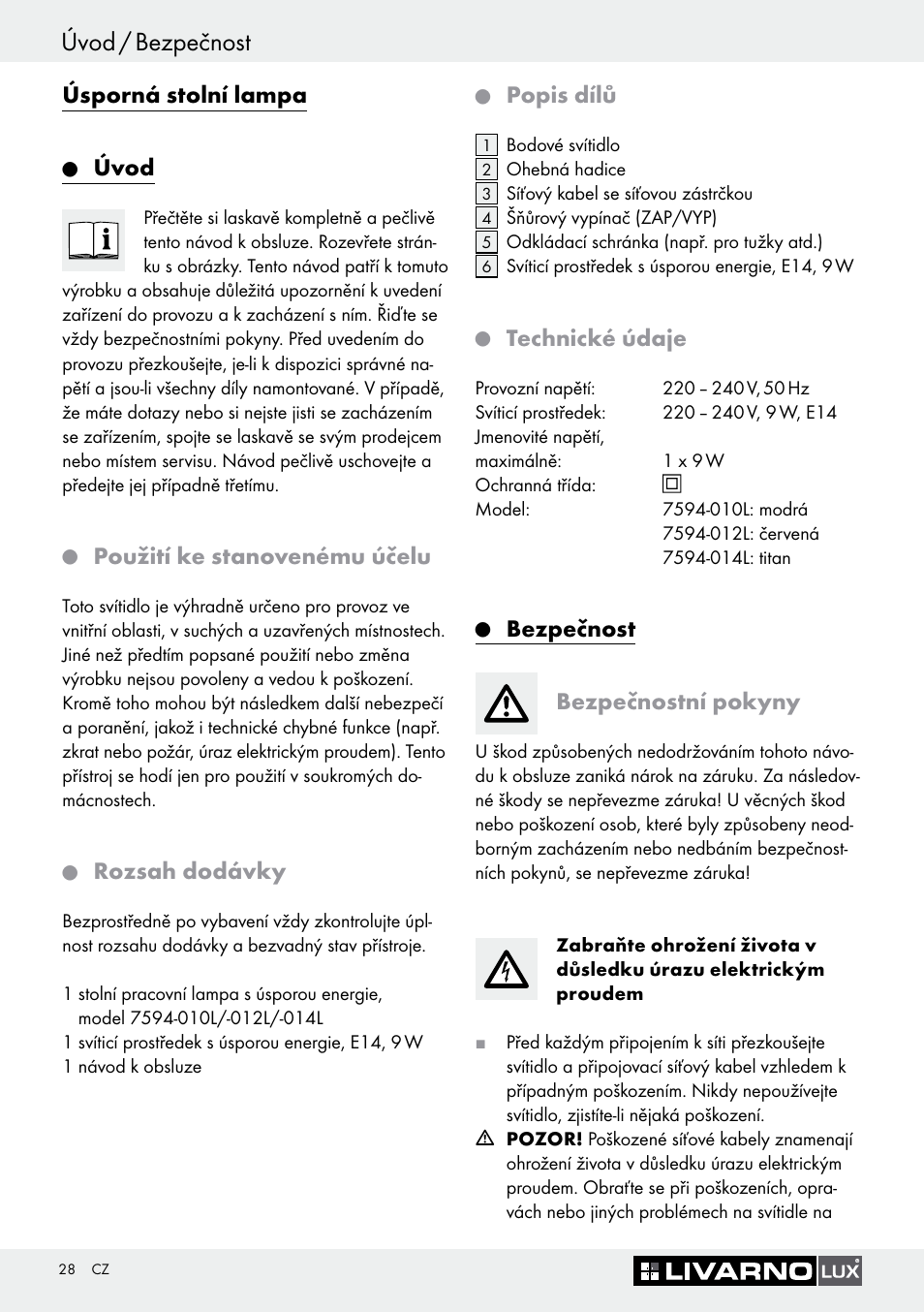 Úvod / bezpečnost, Úsporná stolní lampa, Úvod | Použití ke stanovenému účelu, Rozsah dodávky, Popis dílů, Technické údaje, Bezpečnost bezpečnostní pokyny | Livarno 7594-010L User Manual | Page 28 / 45
