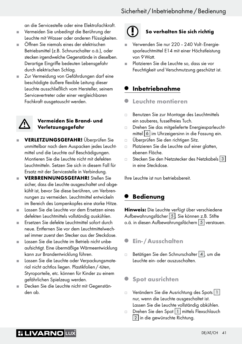 Sicherheit / inbetriebnahme / bedienung, Inbetriebnahme, Leuchte montieren | Bedienung, Ein- / ausschalten, Spot ausrichten | Livarno 7594-010L User Manual | Page 41 / 45