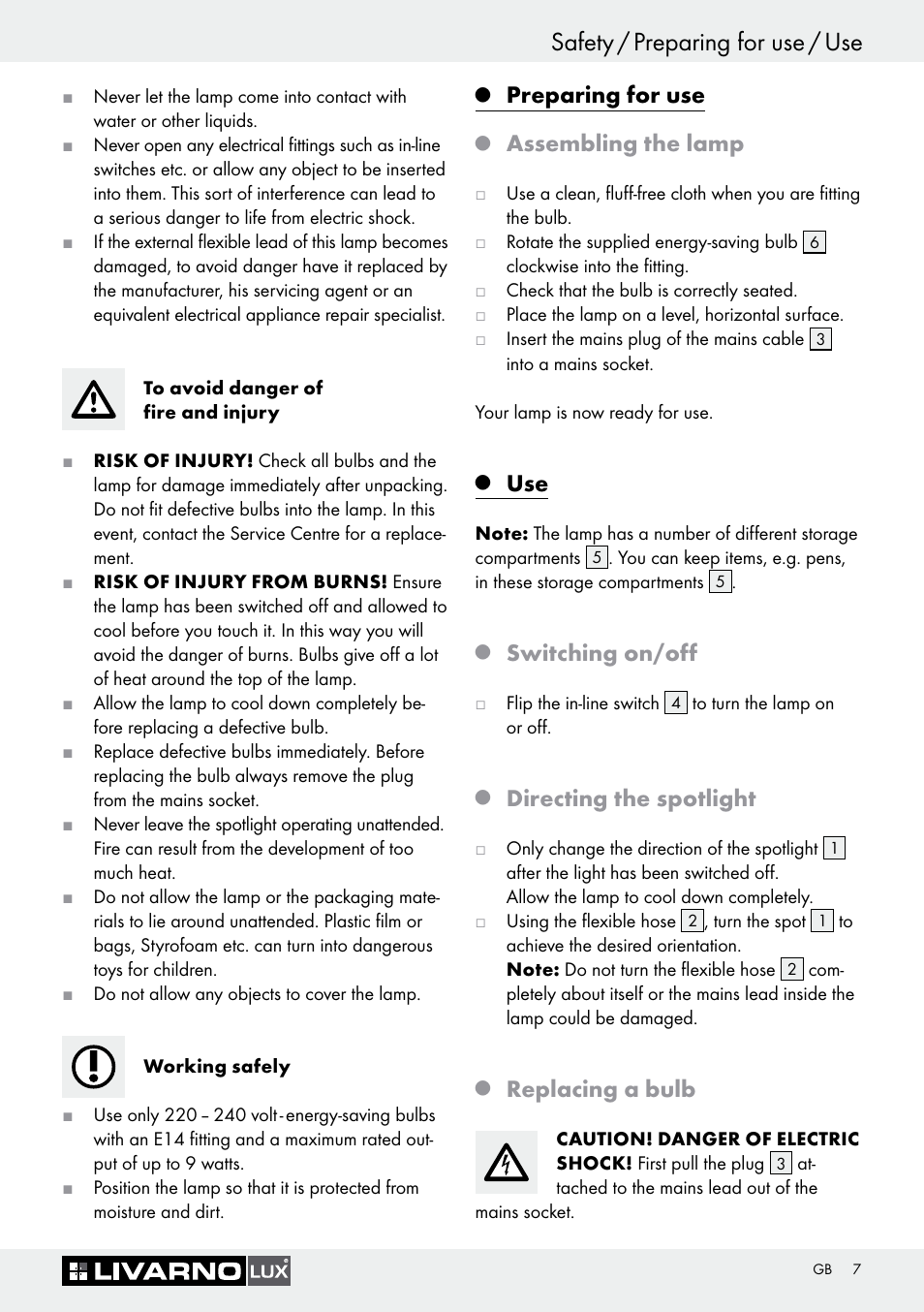 Safety / preparing for use / use, Preparing for use, Assembling the lamp | Switching on/off, Directing the spotlight, Replacing a bulb | Livarno 7594-010L User Manual | Page 7 / 45