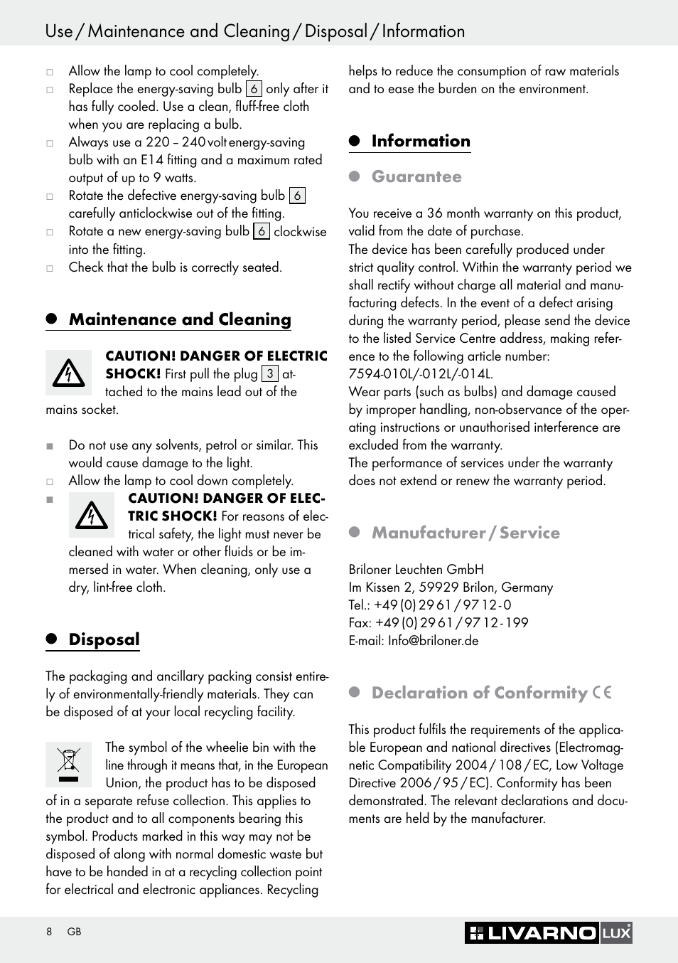 Maintenance and cleaning, Disposal, Information | Guarantee, Manufacturer / service, Declaration of conformity | Livarno 7594-010L User Manual | Page 8 / 45