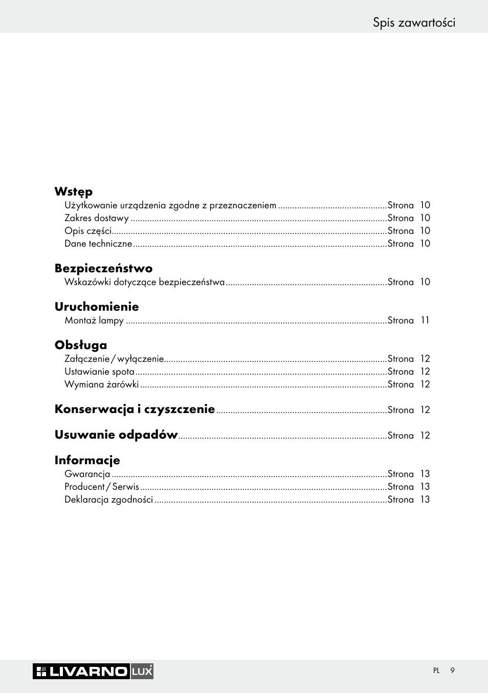 Spis zawartości | Livarno 7594-010L User Manual | Page 9 / 45