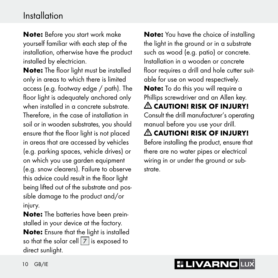 Installation | Livarno Z30697 User Manual | Page 10 / 25