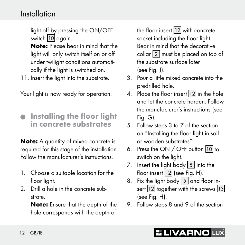 Installation, Installing the floor light in concrete substrates | Livarno Z30697 User Manual | Page 12 / 25