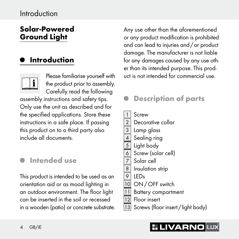 Introduction / safety advice, Introduction, Solar-powered ground light | Intended use, Description of parts | Livarno Z30697 User Manual | Page 4 / 25