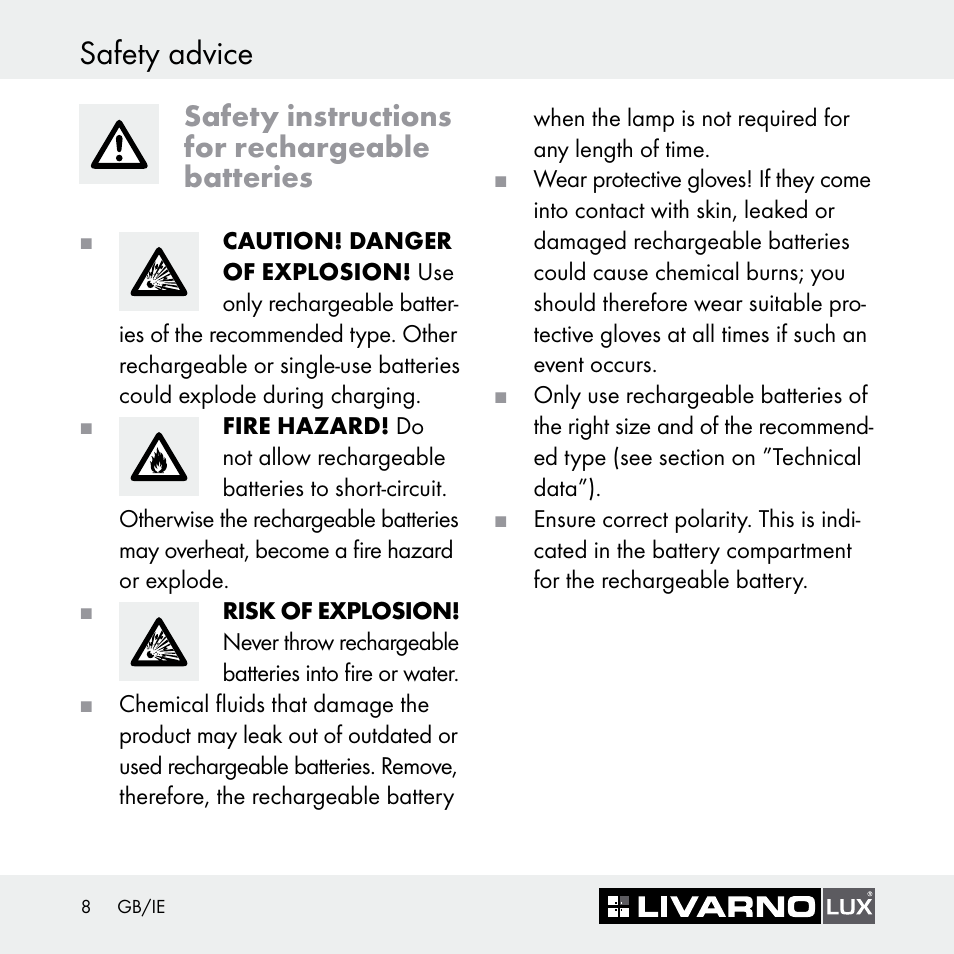 Functioning / installation safety advice, Safety instructions for rechargeable batteries | Livarno Z30697 User Manual | Page 8 / 25