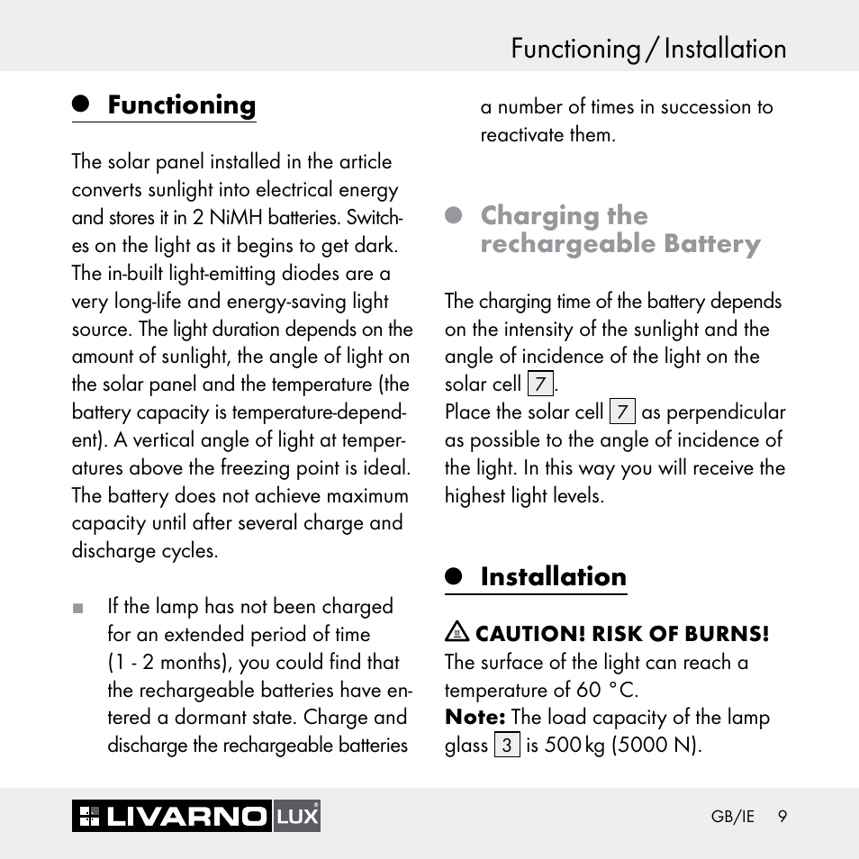 Functioning / installation, Functioning, Charging the rechargeable battery | Installation | Livarno Z30697 User Manual | Page 9 / 25