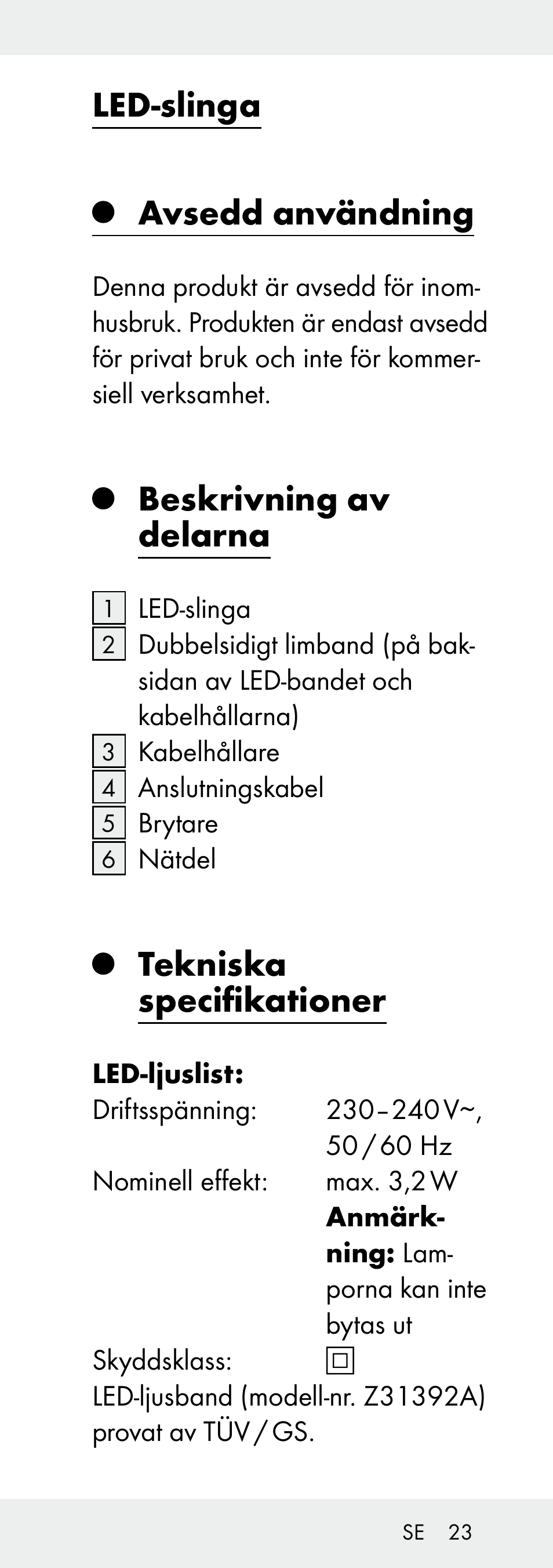 Led-slinga avsedd användning, Beskrivning av delarna, Tekniska specifikationer | Livarno Z31392A-BS User Manual | Page 23 / 70