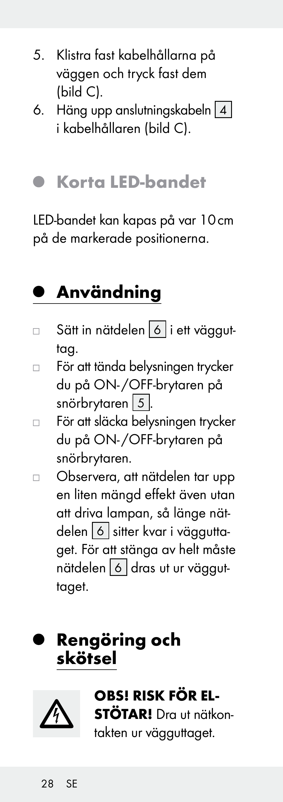 Korta led-bandet, Användning, Rengöring och skötsel | Livarno Z31392A-BS User Manual | Page 28 / 70