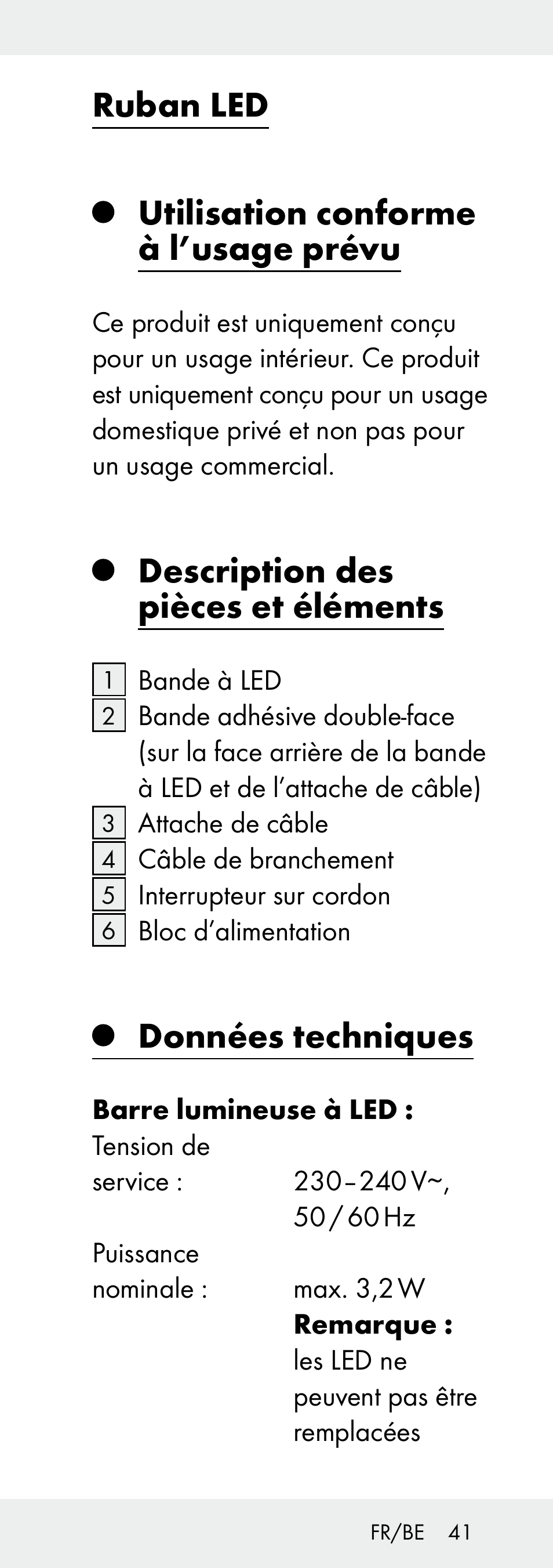 Ruban led utilisation conforme à l’usage prévu, Description des pièces et éléments, Données techniques | Livarno Z31392A-BS User Manual | Page 41 / 70