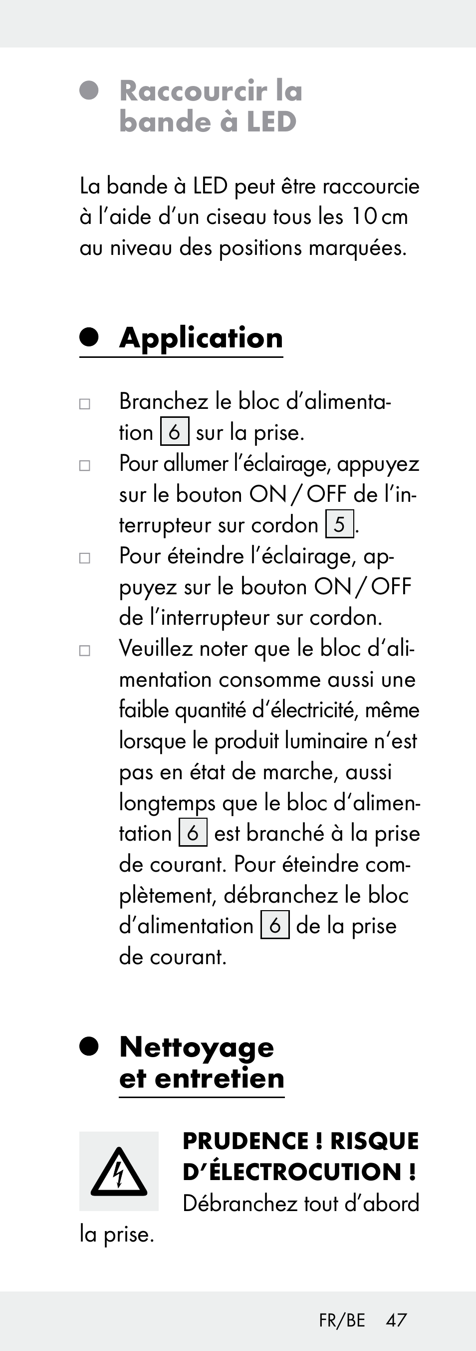 Raccourcir la bande à led, Application, Nettoyage et entretien | Livarno Z31392A-BS User Manual | Page 47 / 70