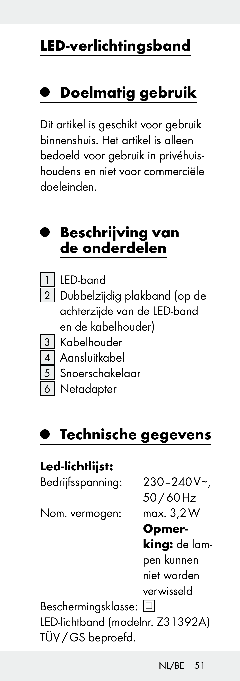 Led-verlichtingsband doelmatig gebruik, Beschrijving van de onderdelen, Technische gegevens | Livarno Z31392A-BS User Manual | Page 51 / 70