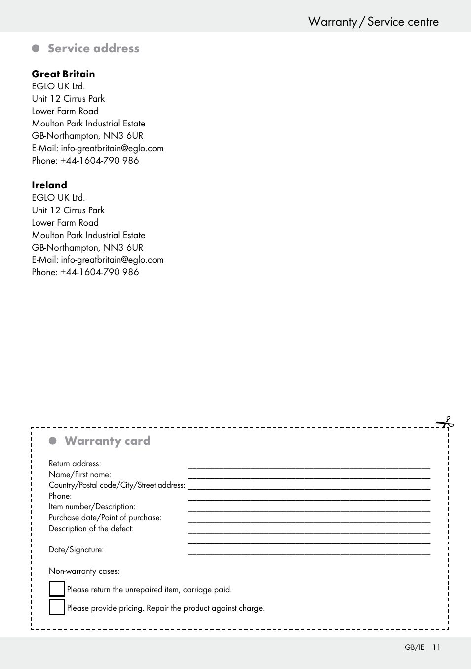 Warranty / service centre, Service address, Warranty card | Livarno 54321 User Manual | Page 11 / 33