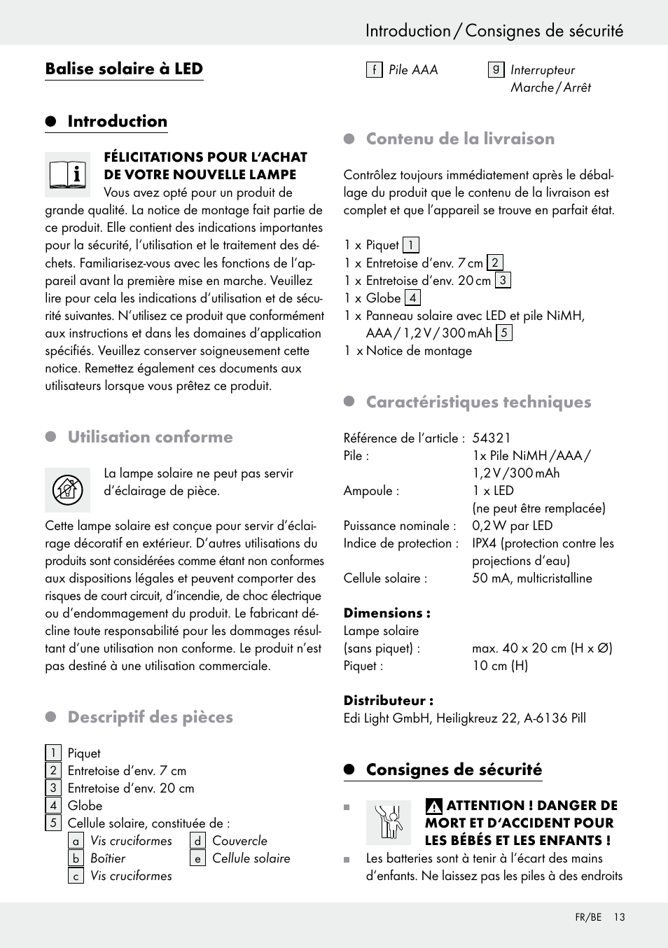 Balise solaire à led, Introduction, Utilisation conforme | Descriptif des pièces, Contenu de la livraison, Caractéristiques techniques, Consignes de sécurité | Livarno 54321 User Manual | Page 13 / 33