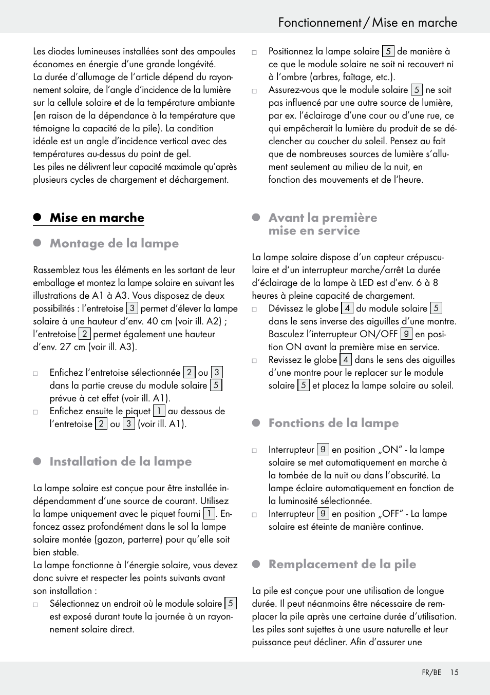 Mise en marche montage de la lampe, Installation de la lampe, Avant la première mise en service | Fonctions de la lampe, Remplacement de la pile | Livarno 54321 User Manual | Page 15 / 33