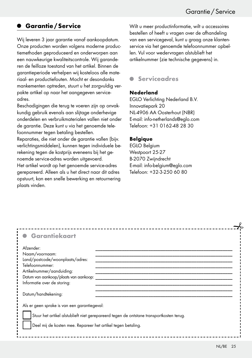 Garantie / service, Serviceadres, Garantiekaart | Livarno 54321 User Manual | Page 25 / 33