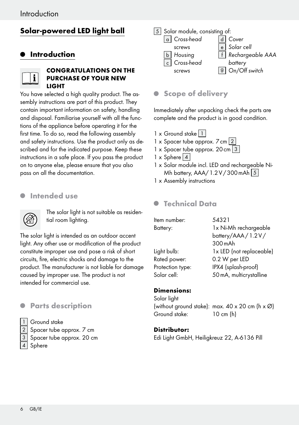 Safety instructions introduction, Solar-powered led light ball, Introduction | Intended use, Parts description, Scope of delivery, Technical data | Livarno 54321 User Manual | Page 6 / 33