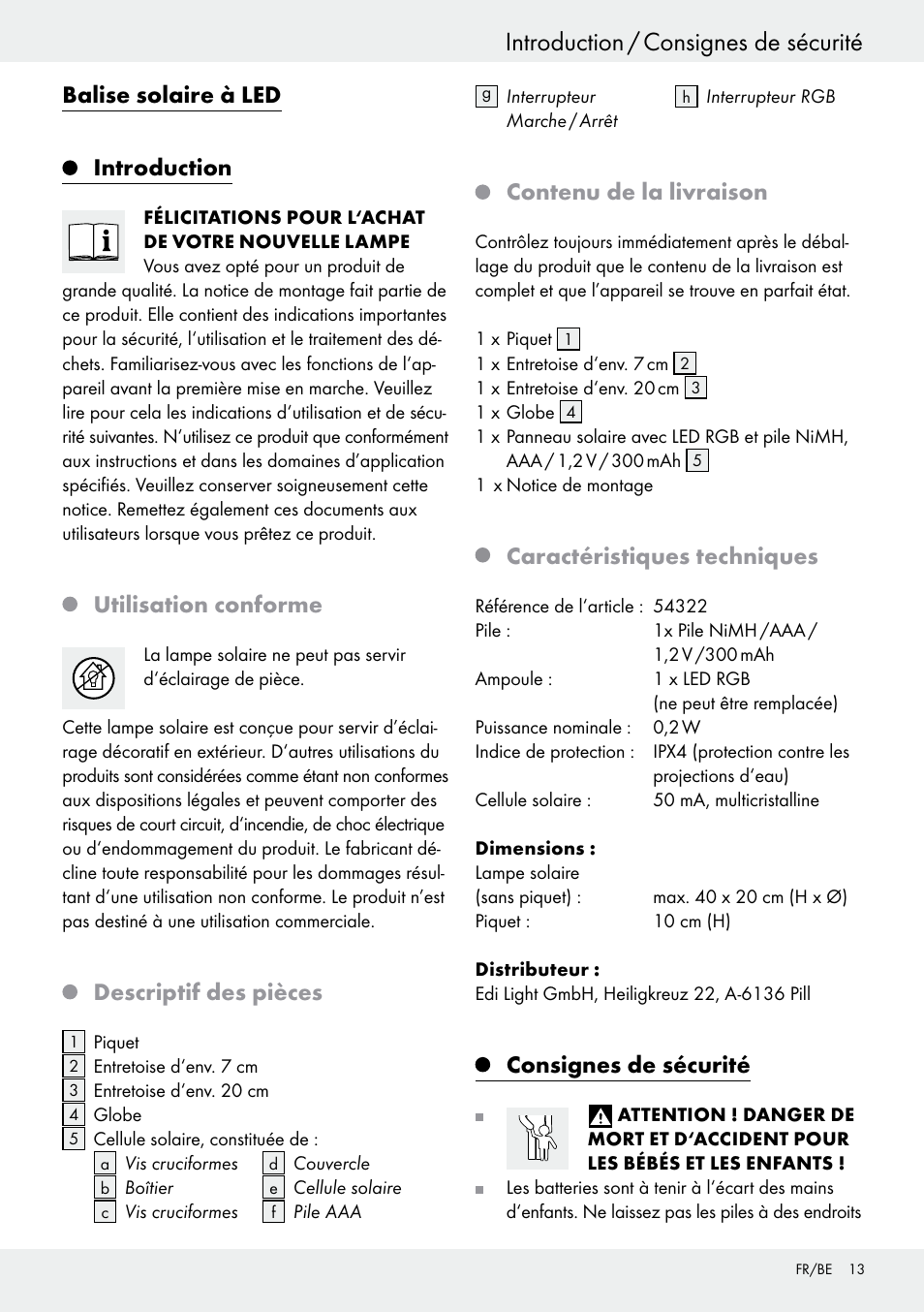 Balise solaire à led, Introduction, Utilisation conforme | Descriptif des pièces, Contenu de la livraison, Caractéristiques techniques, Consignes de sécurité | Livarno 54322 User Manual | Page 13 / 33