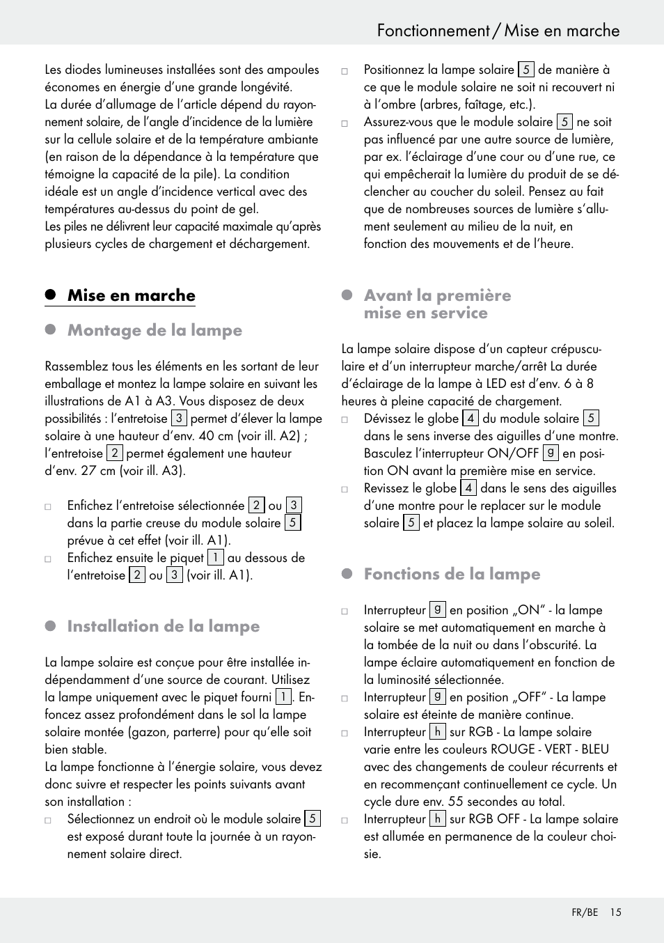 Mise en marche montage de la lampe, Installation de la lampe, Avant la première mise en service | Fonctions de la lampe | Livarno 54322 User Manual | Page 15 / 33