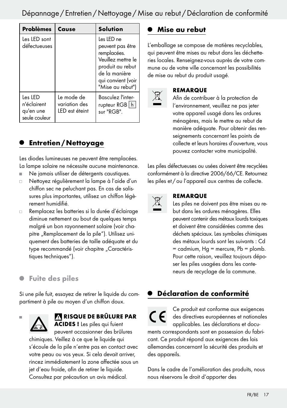 Entretien / nettoyage, Fuite des piles, Mise au rebut | Déclaration de conformité | Livarno 54322 User Manual | Page 17 / 33
