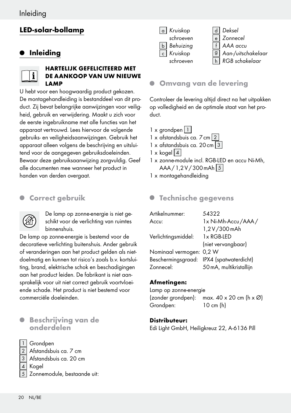 Veiligheidsinstructies inleiding, Led-solar-bollamp, Inleiding | Correct gebruik, Beschrijving van de onderdelen, Omvang van de levering, Technische gegevens | Livarno 54322 User Manual | Page 20 / 33