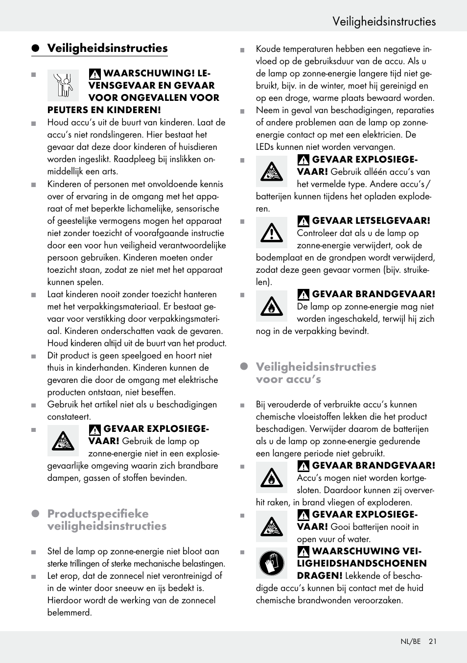 Veiligheidsinstructies inleiding, Veiligheidsinstructies, Productspecifieke veiligheidsinstructies | Veiligheidsinstructies voor accu’s | Livarno 54322 User Manual | Page 21 / 33