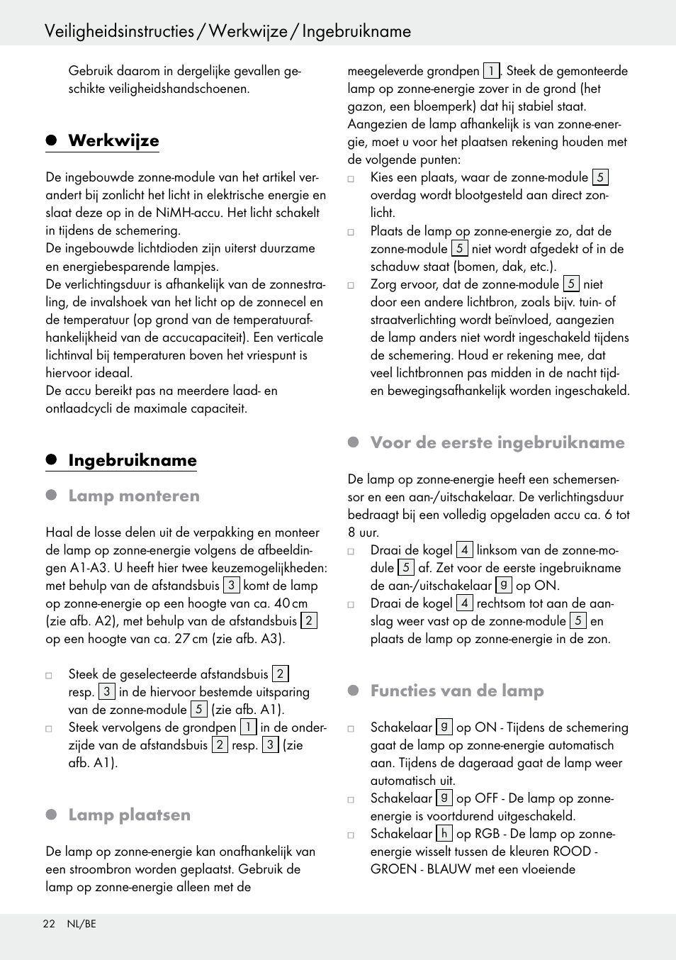 Werkwijze, Ingebruikname lamp monteren, Lamp plaatsen | Voor de eerste ingebruikname, Functies van de lamp | Livarno 54322 User Manual | Page 22 / 33