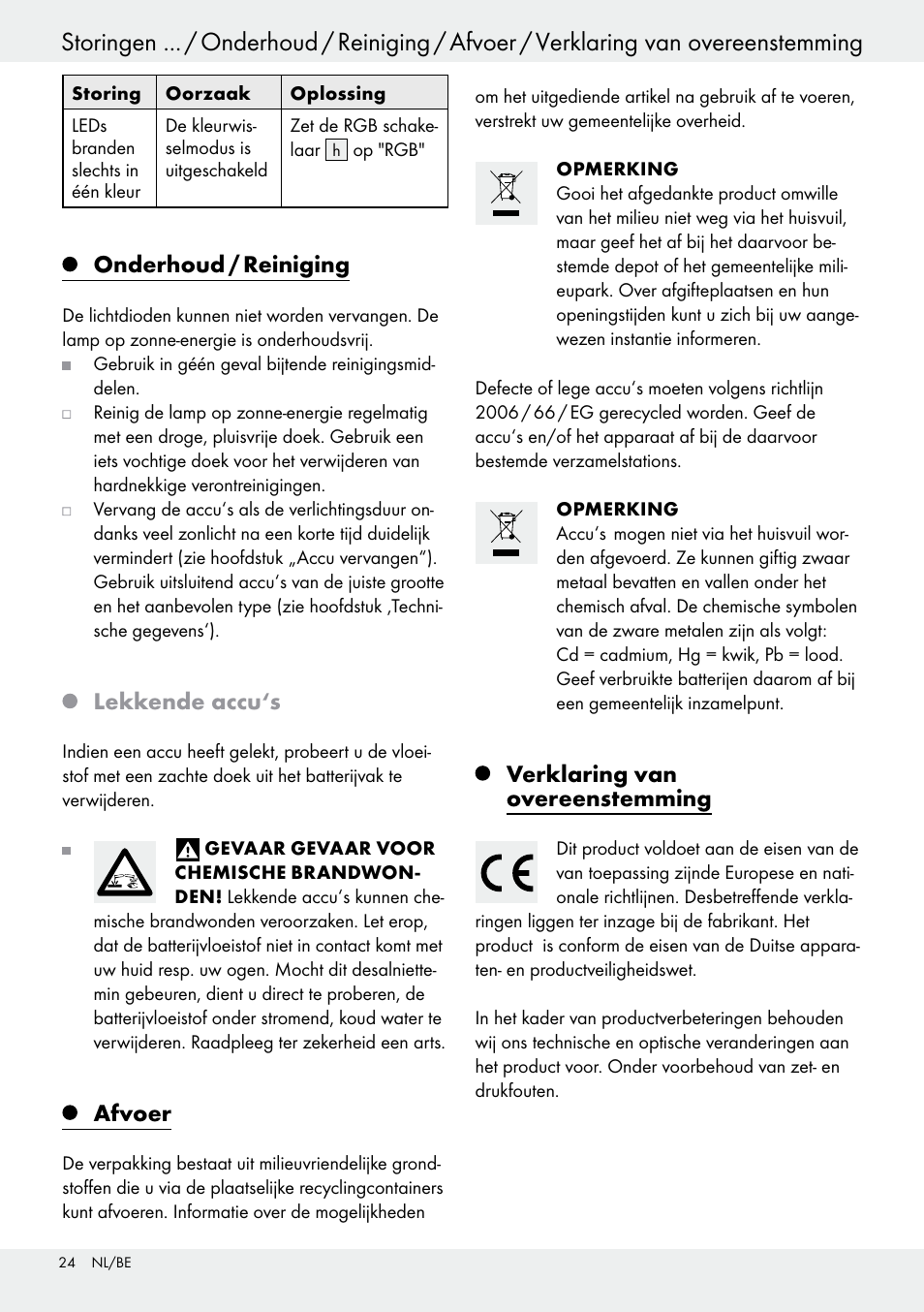 Onderhoud / reiniging, Lekkende accu‘s, Afvoer | Verklaring van overeenstemming | Livarno 54322 User Manual | Page 24 / 33