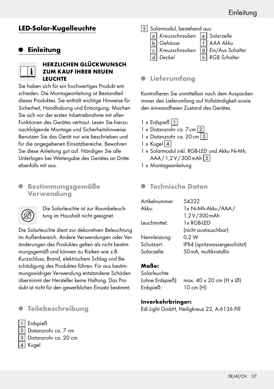 Einleitung inhaltsverzeichnis, Led-solar-kugelleuchte, Einleitung | Bestimmungsgemäße verwendung, Teilebeschreibung, Lieferumfang, Technische daten | Livarno 54322 User Manual | Page 27 / 33