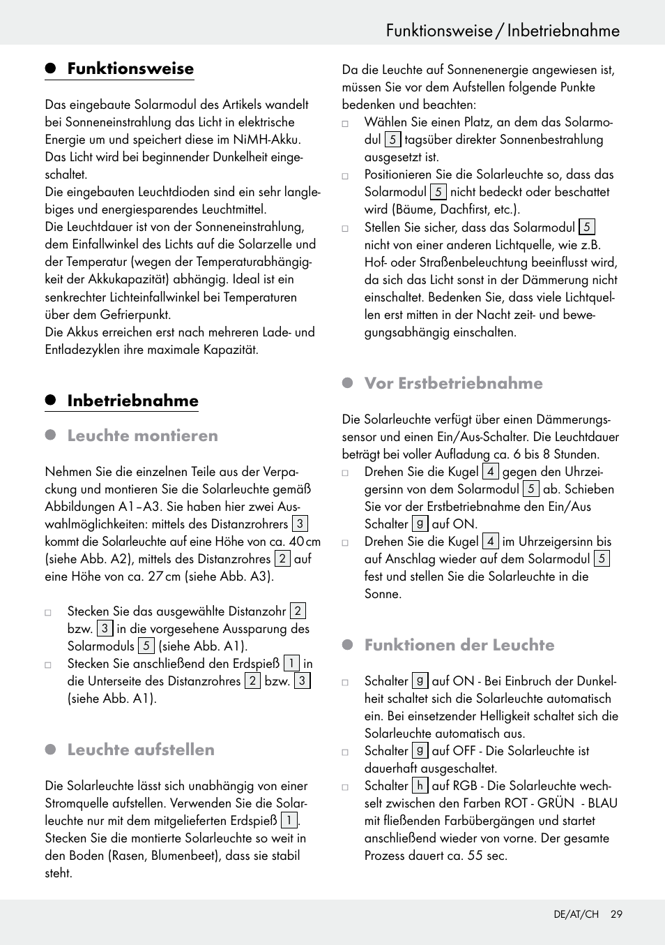 Funktionsweise / inbetriebnahme, Sicherheitshinweise, Funktionsweise | Inbetriebnahme leuchte montieren, Leuchte aufstellen, Vor erstbetriebnahme, Funktionen der leuchte | Livarno 54322 User Manual | Page 29 / 33