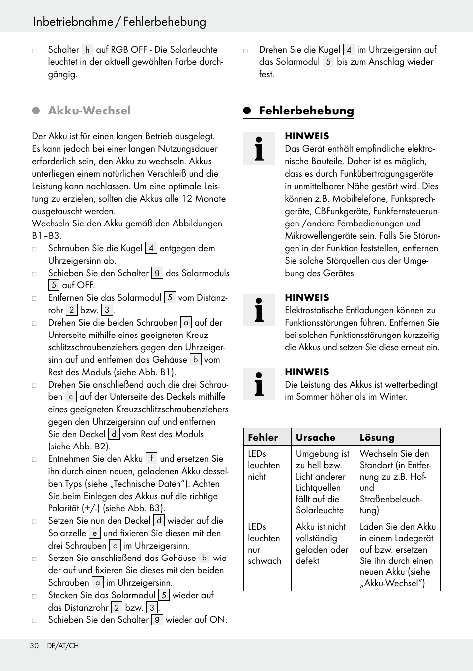 Akku-wechsel, Fehlerbehebung | Livarno 54322 User Manual | Page 30 / 33