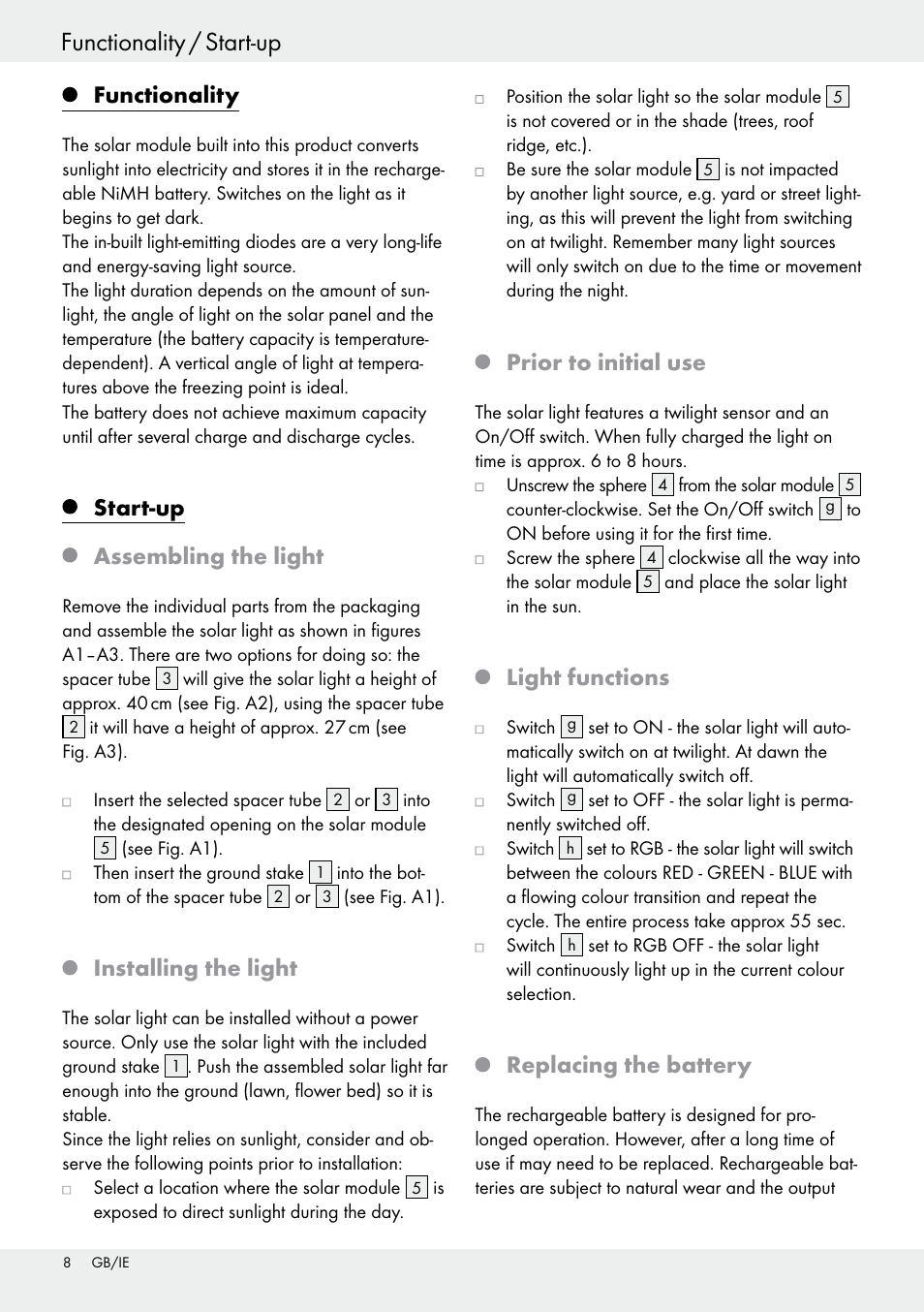 Functionality, Start-up assembling the light, Installing the light | Prior to initial use, Light functions, Replacing the battery | Livarno 54322 User Manual | Page 8 / 33