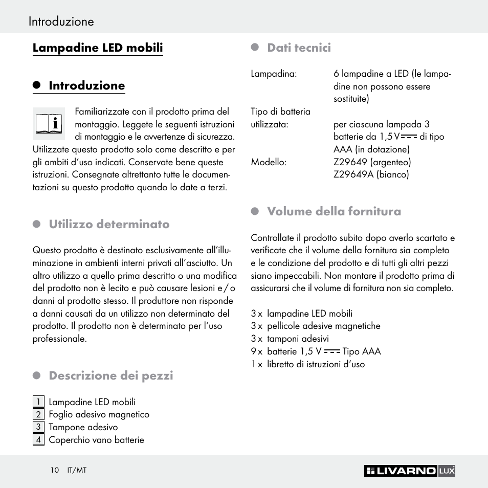 Introduzione, Lampadine led mobili, Utilizzo determinato | Descrizione dei pezzi, Dati tecnici, Volume della fornitura | Livarno Z29649 Z29649A User Manual | Page 10 / 25