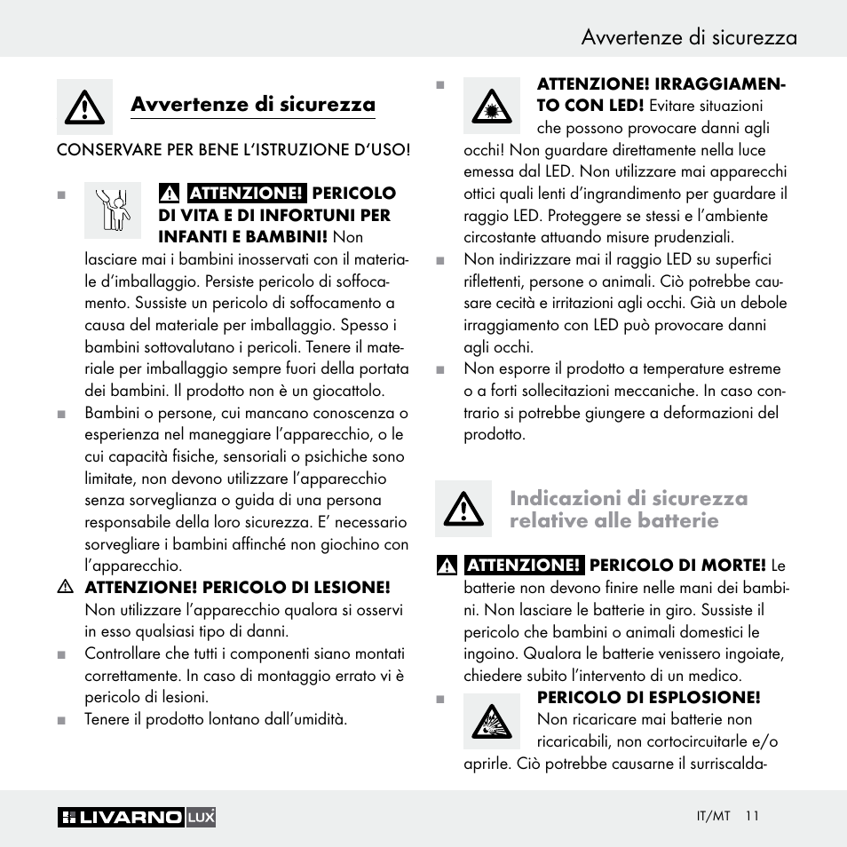 Avvertenze di sicurezza, Indicazioni di sicurezza relative alle batterie | Livarno Z29649 Z29649A User Manual | Page 11 / 25