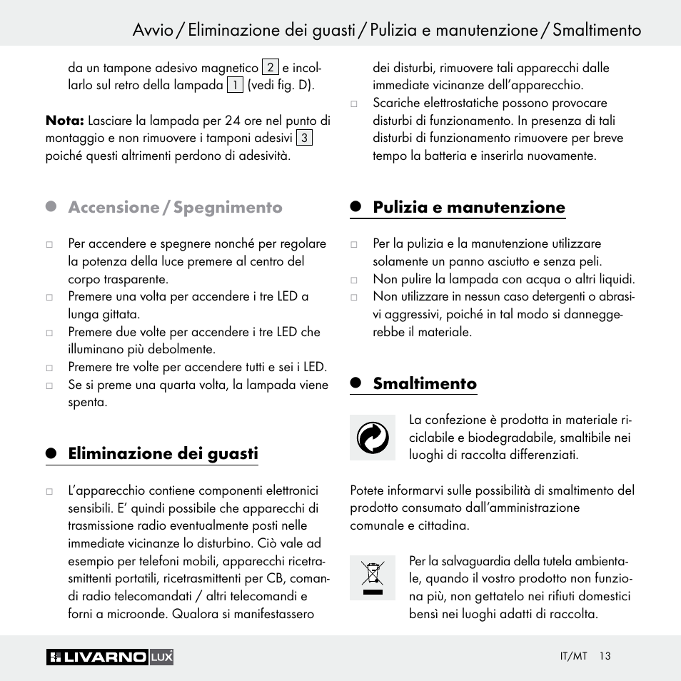Accensione / spegnimento, Eliminazione dei guasti, Pulizia e manutenzione | Smaltimento | Livarno Z29649 Z29649A User Manual | Page 13 / 25