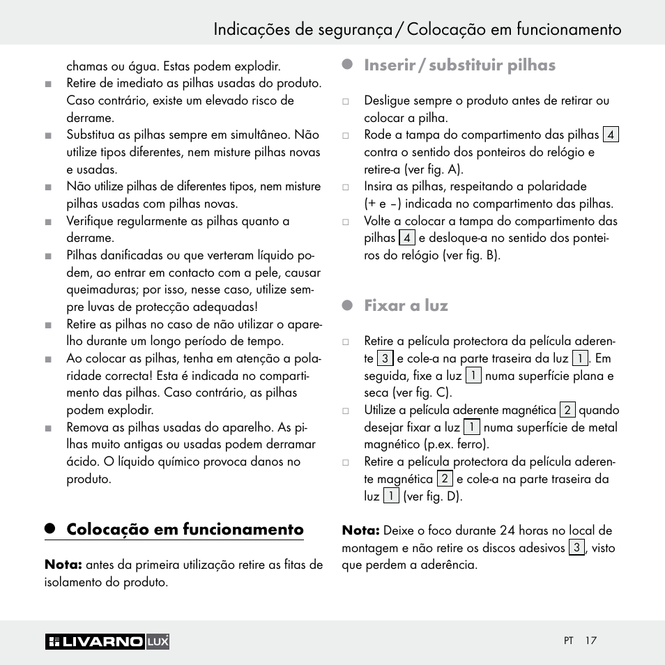 Colocação em funcionamento, Inserir / substituir pilhas, Fixar a luz | Livarno Z29649 Z29649A User Manual | Page 17 / 25