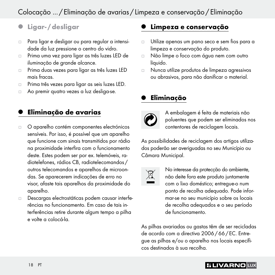 Ligar- / desligar, Eliminação de avarias, Limpeza e conservação | Eliminação | Livarno Z29649 Z29649A User Manual | Page 18 / 25