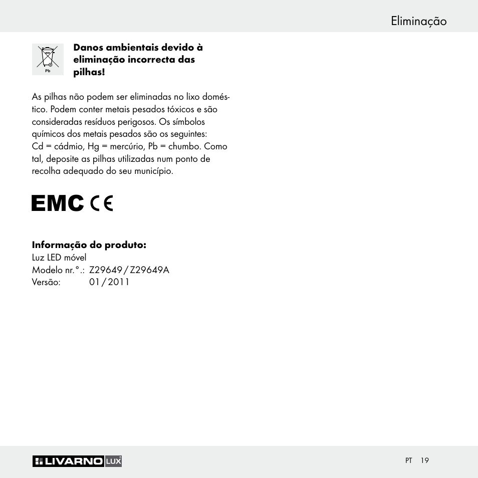 Eliminação | Livarno Z29649 Z29649A User Manual | Page 19 / 25