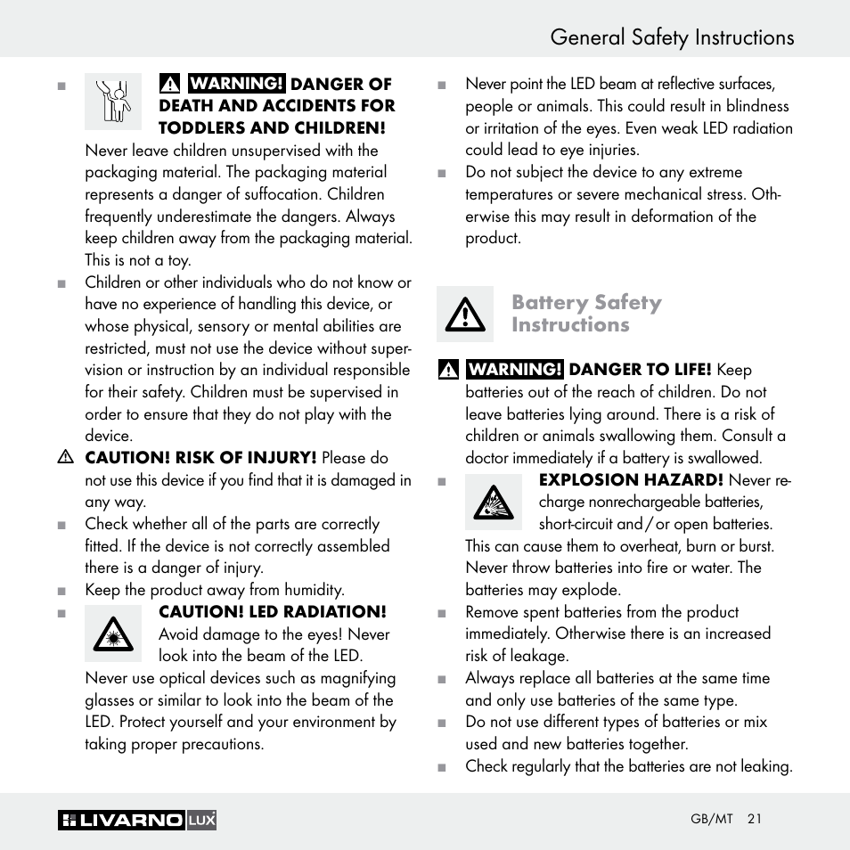 General safety instructions, Battery safety instructions | Livarno Z29649 Z29649A User Manual | Page 21 / 25