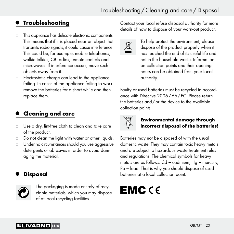 Troubleshooting / cleaning and care / disposal | Livarno Z29649 Z29649A User Manual | Page 23 / 25