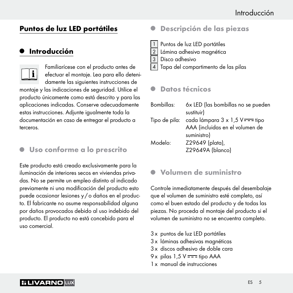 Introducción, Puntos de luz led portátiles, Uso conforme a lo prescrito | Descripción de las piezas, Datos técnicos, Volumen de suministro | Livarno Z29649 Z29649A User Manual | Page 5 / 25