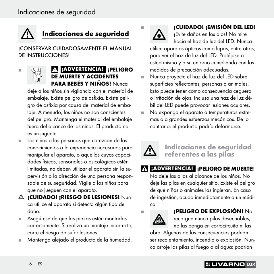 Indicaciones de seguridad, Indicaciones de seguridad referentes a las pilas | Livarno Z29649 Z29649A User Manual | Page 6 / 25