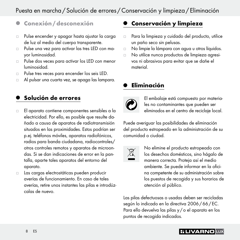 Conexión / desconexión, Solución de errores, Conservación y limpieza | Eliminación | Livarno Z29649 Z29649A User Manual | Page 8 / 25