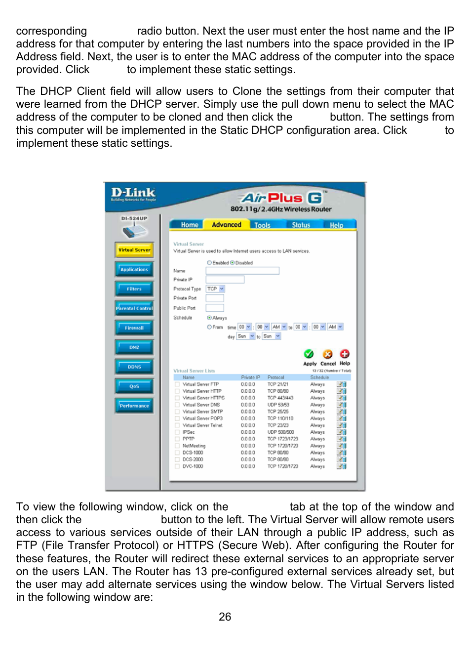 Advanced > virtual server | D-Link DI-524UP User Manual | Page 30 / 92