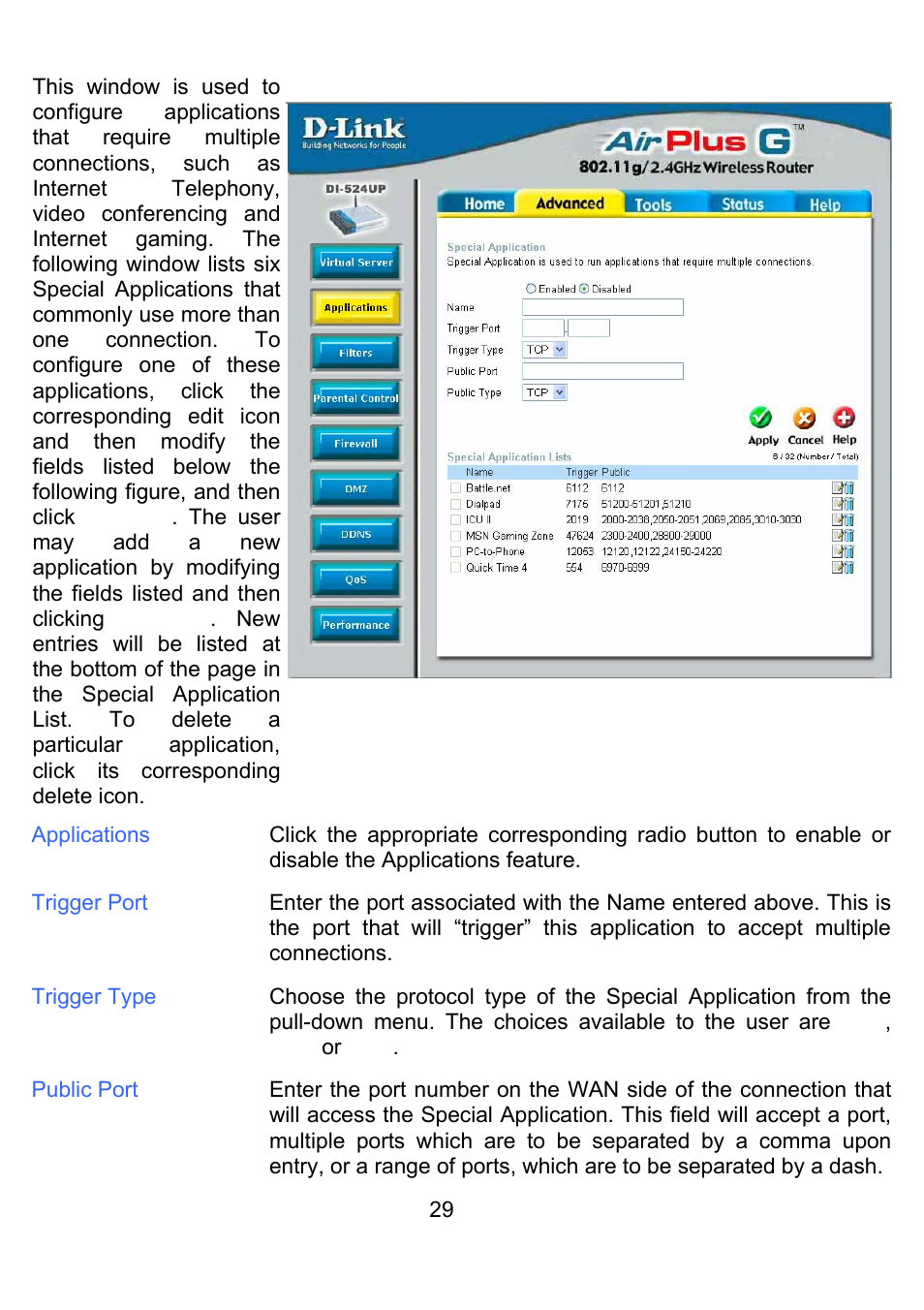 Advanced > applications | D-Link DI-524UP User Manual | Page 33 / 92