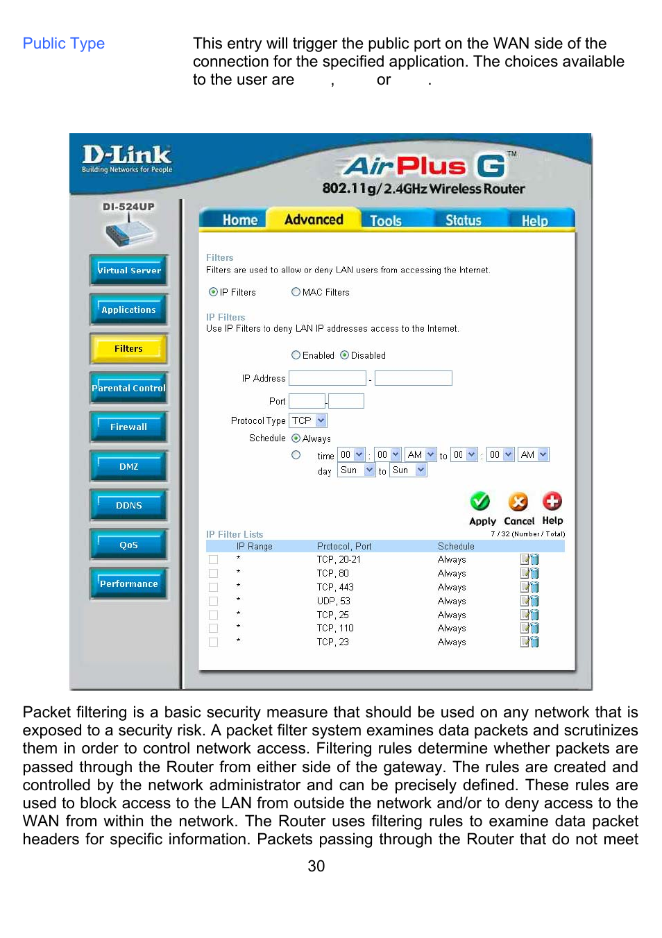 Advanced > filters | D-Link DI-524UP User Manual | Page 34 / 92