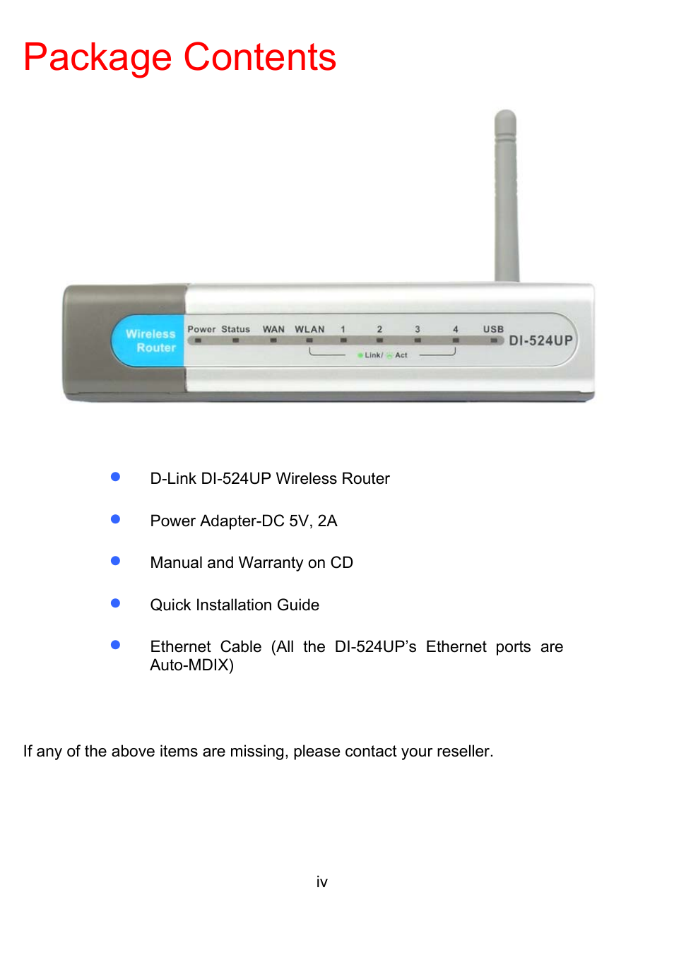 Package contents | D-Link DI-524UP User Manual | Page 4 / 92