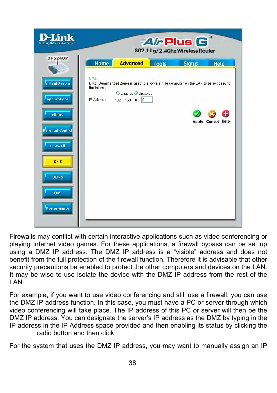 Advanced > dmz | D-Link DI-524UP User Manual | Page 42 / 92